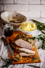 Garlic herb butter roasted turkey breast. .style rustic.