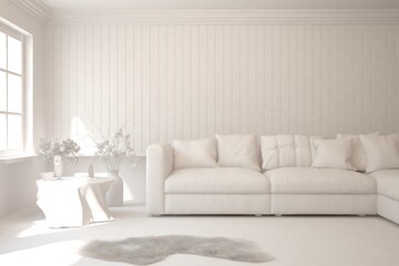 Mock up of stylish room in white color with sofa. Scandinavian interior design. 3D illustration