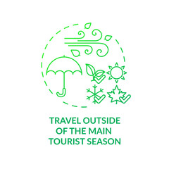 Travel outside of the main tourist season concept icon. Sustainable tourism ideas. Dealing with tourism season idea thin line illustration. Vector isolated outline RGB color drawing