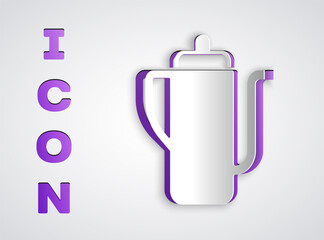 Paper cut Traditional Chinese tea ceremony icon isolated on grey background. Teapot with cup. Paper art style. Vector