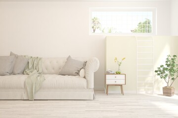 Soft color living room with sofa. Scandinavian interior design. 3D illustration