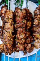Pork kebab with rosemary sauce..selective focus