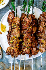 Pork kebab with rosemary sauce..selective focus