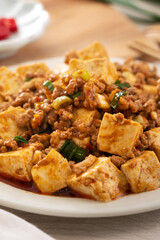 Mapo tofu. Stir-fried tofu with hot spicy sauce in white plate.