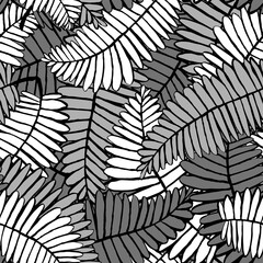 Black and white seamless pattern with layered fern tropical forest  leaves, endless repeatable texture