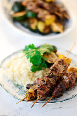 Pork kebab with rosemary sauce..selective focus