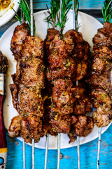 Pork kebab with rosemary sauce..selective focus
