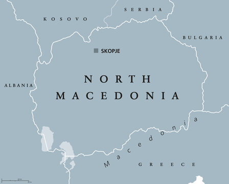 North Macedonia, gray political map, with its capital Skopje. Republic and landlocked country in Southeast Europe. Former Yugoslav Republic of Macedonia, FYROM, renamed in 2019. Illustration. Vector.
