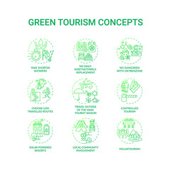 Green tourism concept icons set. Reduce water consumption. Discovering eco tourism advantages. Natural environment idea thin line RGB color illustrations. Vector isolated outline drawings