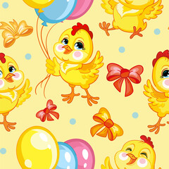 Seamless vector pattern chickens happy birthday yellow