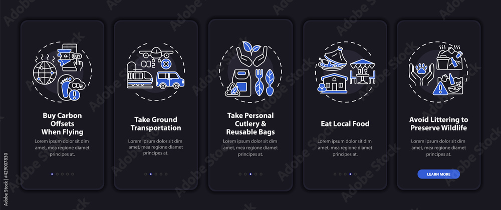 Poster sustainable tour tips onboarding mobile app page screen with concepts. carbon offsets walkthrough 5 