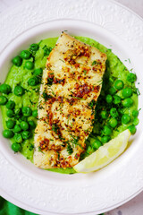 Sauteed cod with pea cream..style rustic