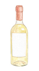 watercolor white wine bottle isolated on white background. Glass package with alcohol