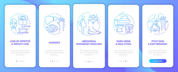 Liver disease marks onboarding mobile app page screen with concepts. Dark urine, itchy skin walkthrough 5 steps graphic instructions. UI, UX, GUI vector template with linear color illustrations