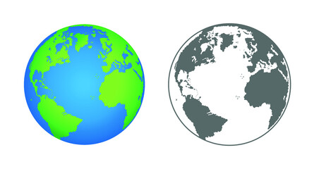World globe earth map in color and black and white vector illustrator.