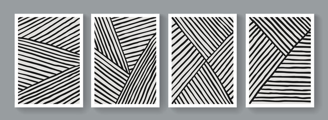 Collection of modern minimalist striped posters. Mid Century abstract contemporary art. Trendy lianear placards. Illustration for Covers, Banners, Brochures and Postcards.