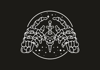 White on black color of skeleton hand with head and sword illustration