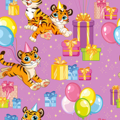 Naklejka premium Seamless vector pattern tigers happy birthday purple