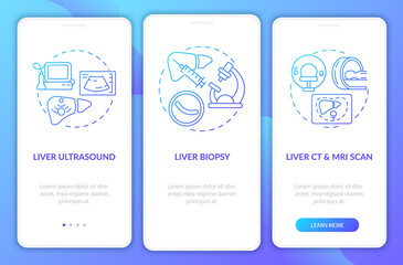 Liver examination onboarding mobile app page screen with concepts. CT and MRI scanning walkthrough 3 steps graphic instructions. UI, UX, GUI vector template with linear color illustrations