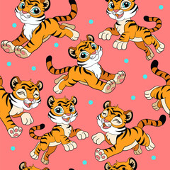 Seamless pattern with cartoon happy and cute tigers