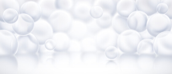 Soap foam bubbles backdrop. Clean white background with 3D realistic bubble spheres