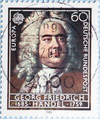 GERMANY - CIRCA 1985 : a postage stamp from Germany, showing a portrait of the Baroque composer Georg Friedrich Händel. Europa postal stamp, European Year of Music