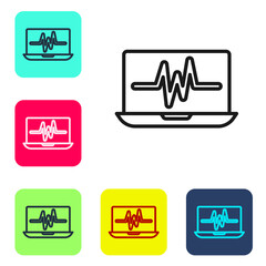 Black line Laptop with cardiogram icon isolated on white background. Monitoring icon. ECG monitor with heart beat hand drawn. Set icons in color square buttons. Vector