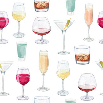 watercolor cocktail glasses seamless patter non white background. Alcohol drinks print