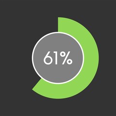 61 percent, circle percentage diagram on black background vector illustration.