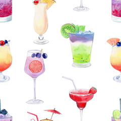 watercolor fruit cocktails seamless pattern on white background. For fabric, textile, wrapping