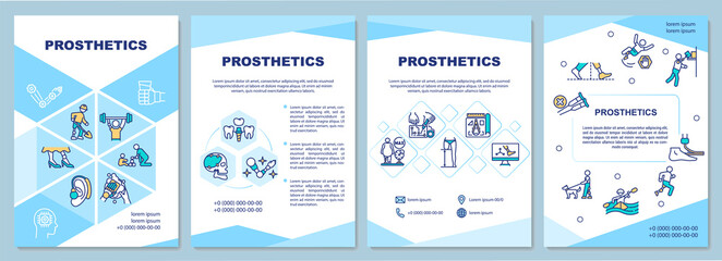 Prosthetics brochure template. Device replaces missing body parts. Flyer, booklet, leaflet print, cover design with linear icons. Vector layouts for presentation, annual reports, advertisement pages