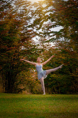 Fototapeta premium CONTEMPORARY ARTISTIC DANCER DANCING IN THE FOREST IN AUTUMN. CLASSIC DANCE nature