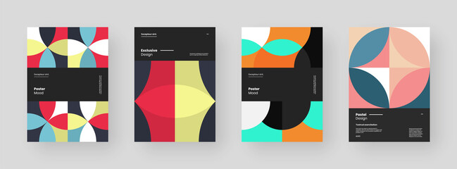 Abstract set Placards, Posters, Flyers, Banner Designs. Colorful geometric illustration on vertical A4 format. Flat shapes ornament. Decorative backdrop. Eps10