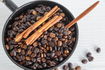 .Coffee beans roasted in a pan