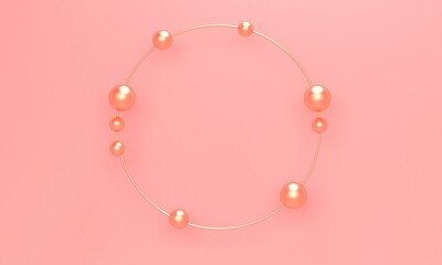 Abstract pink background with golden frame and balls. 3d rendering