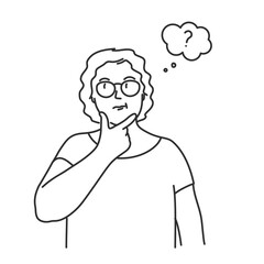 Elderly woman in glasses thinks holding his chin.