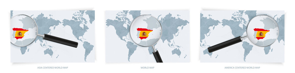 Blue Abstract World Maps with magnifying glass on map of Spain with the national flag of Spain. Three version of World Map.