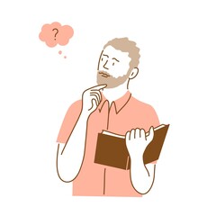 Bearded man with a book is thinking about something