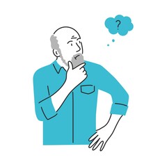 Gray-haired elderly man with beard holding his chin and thinks.