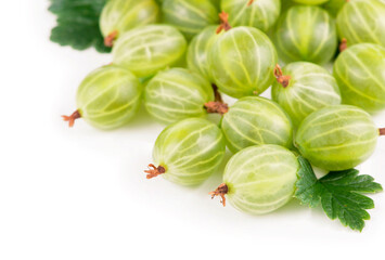 organic food, healthy food, green gooseberry fruits with leaf on white
