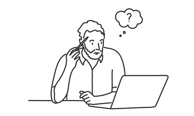 Bearded man with pen touch his head and looking at laptop.