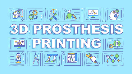 Fototapeta na wymiar 3D prosthesis printing word concepts banner. Innovational production of devices. Infographics with linear icons on blue background. Isolated typography. Vector outline RGB color illustration