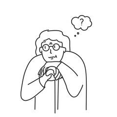 Elderly woman in glasses thinks holding his chin.