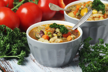 Bowls with Italian soup minestrone