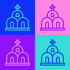 Pop art line Church building icon isolated on color background. Christian Church. Religion of church. Vector