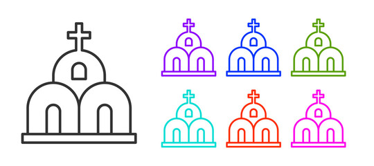 Black line Church building icon isolated on white background. Christian Church. Religion of church. Set icons colorful. Vector