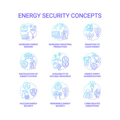 Energy security concept icons set. Access energy resources idea thin line RGB color illustrations. Nuclear security. Renewable sources. Cyber-related disruptions. Vector isolated outline drawings