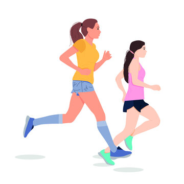 Girls on the run in cartoon style on a white background. Greeting card, banner, poster. The concept of the holiday. Cartoon style. Sports poster.
