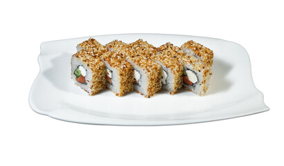 sushi and rolls with fish and oats on a white background