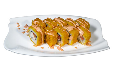 sushi and rolls with fish and oats on a white background